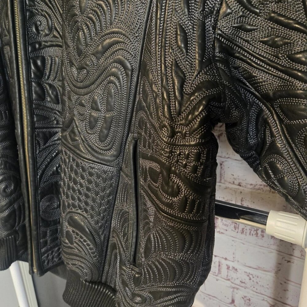 Al Wissam Men’s Embossed Genuine Leather Bomber Jacket Big & Tall, Tribal Design - Picture 7 of 15